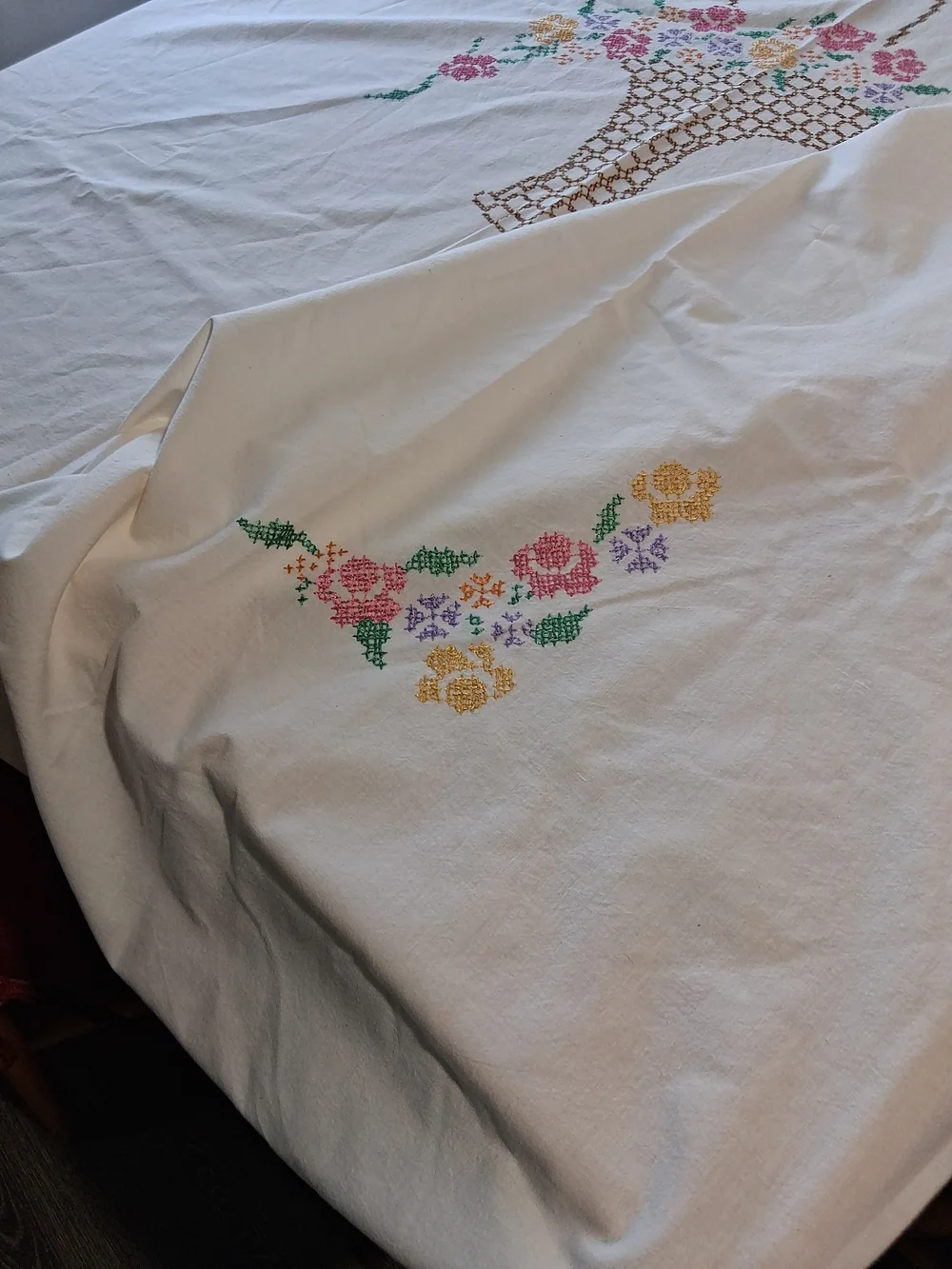 Vintage Large Basket Of Flowers Tablecloth 74x102